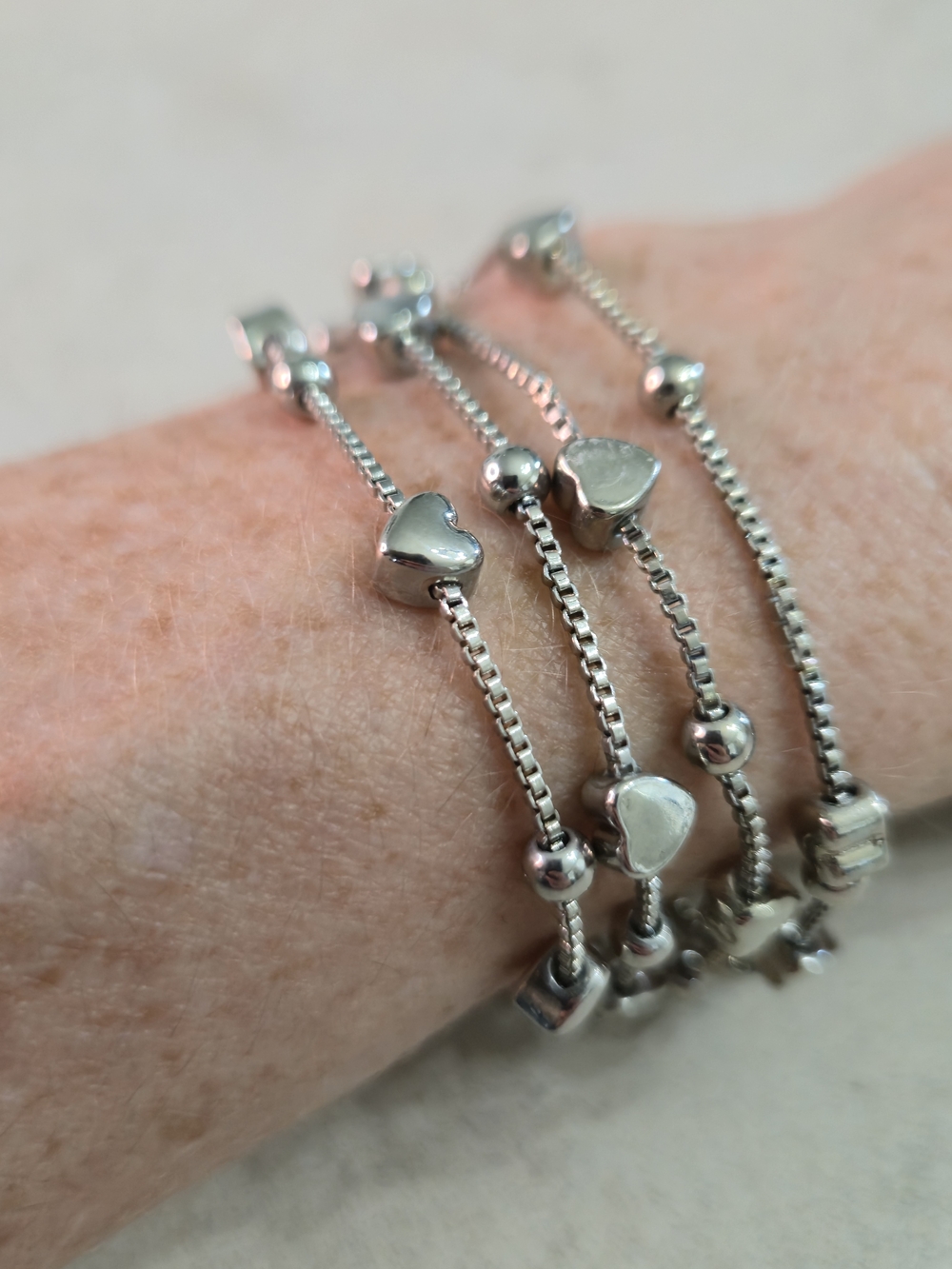 Set of 2 Silver Tone Double Strand Heart Bead Bracelets Adjustable